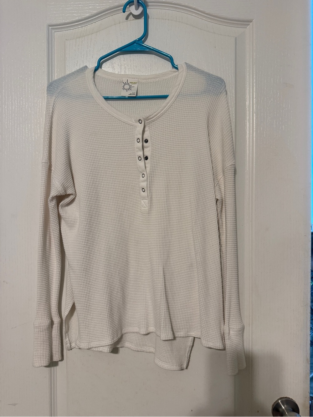 Waffle-Knit Henley Long Sleeve Top in Cream